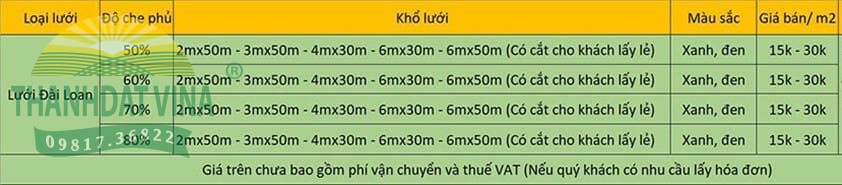 Báo giá lưới che nắng Đài Loan