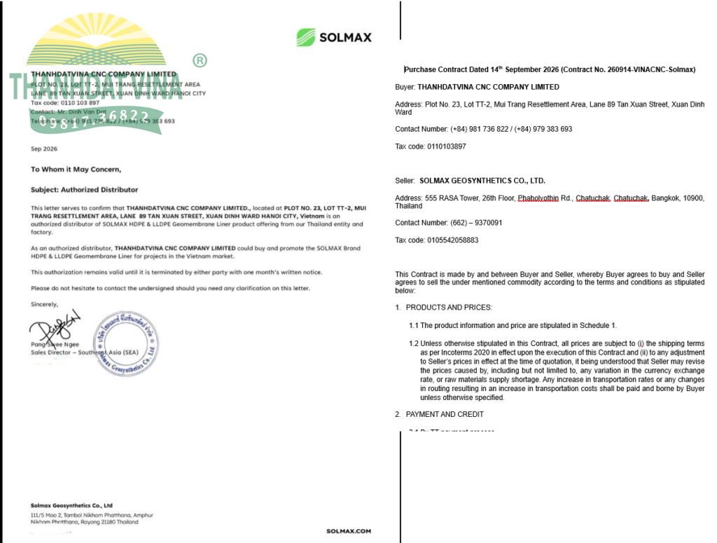 THƯ BỔ NHIỆM CÔNG TY THANHDATVINA BÁN BẠT HDPE SOLMAX TẠI VIỆT NAM