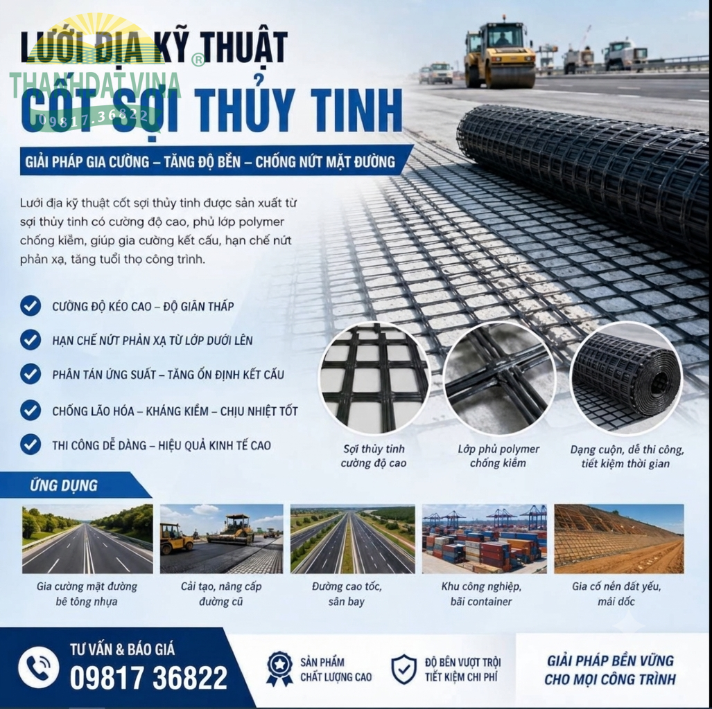 Lưới địa kỹ thuật cốt sợi thủy tinh 100kNm gia cố mặt đường bê tông nhựa THANHDATVINA CNC