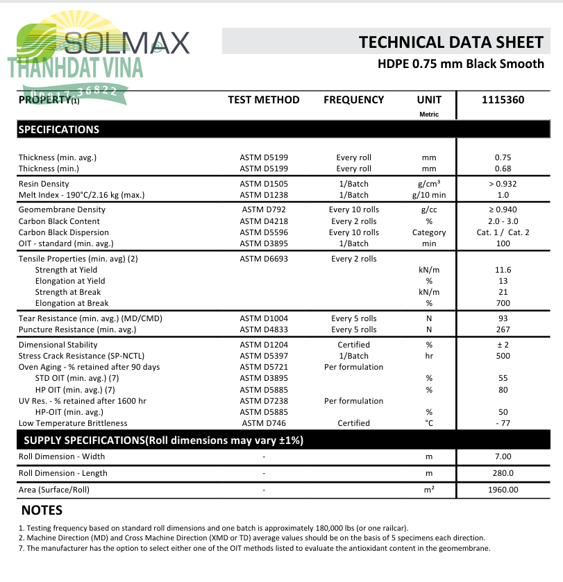 MÀNG CHỐNG THẤM HDPE SOLMAX 0.75 MM
